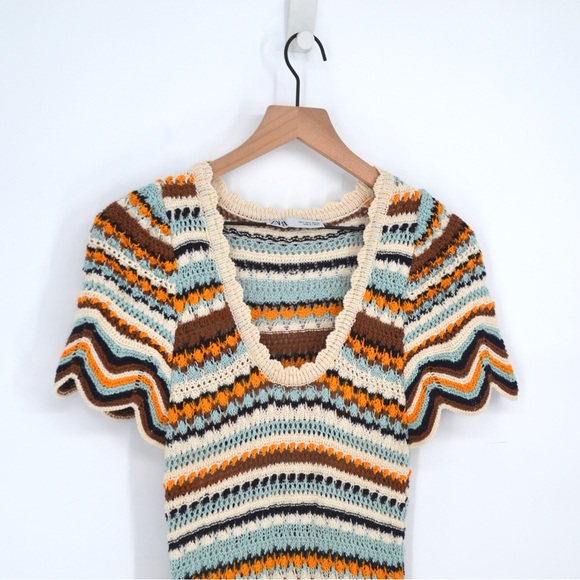 Zara Crochet Knit Maxi Dress Scallop Puff Sleeve Striped Blue Cream Women's S - Picture 3 of 8